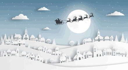 Magical Christmas Eve scene with a sleigh and reindeer flying over a snowy village in a festive paper art style vector illustration