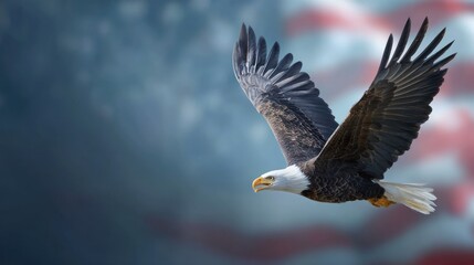 Obraz premium Bald eagle in flight over American flag