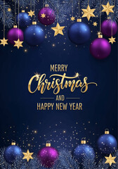 Elegant Christmas & New Year Card with Baubles and Stars vector illustration