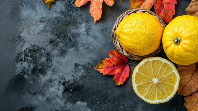 Autumn citrus: fresh lemons with vibrant red and orange leaves on dark stone