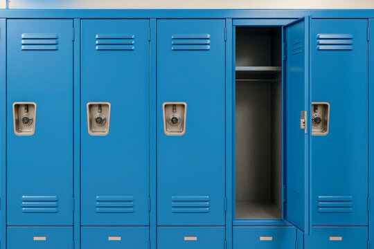 Row of closed blue school lockers with one open, empty interior visible, symbol of student life, education system, storage, high school, organization, security, and daily academic routine 