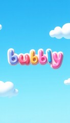 Texto burbujeante brillante y colorido que flota en un cielo azul vibrante con nubes esponjosas alrededor.