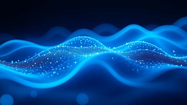 Abstract glowing blue wave with particles on a dark background, futuristic digital art