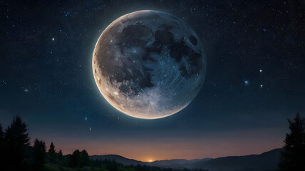 A magnificent full moon shines brightly in the starry night sky over a silhouetted landscape at dusk