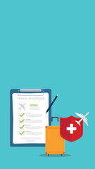 Travel insurance. Traveling luggage suitcase and airplane trip protect. Plane flight safety symbol. Aircraft journey risk protection.