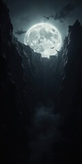 Fototapeta premium Luna llena espectacular sobre un cañón profundo con murciélagos, perfecta para conceptos de fantasía, góticos y de terror.