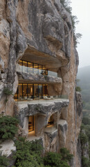 Naklejka premium An ultra-luxury residence deeply carved into the landscape, partially surrounded by blue tones and shimmering water views.
