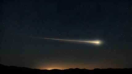 Fototapeta premium A Streak of Light Crosses the Night Sky Above a Silhouetted Hillside with Distant City Lights
