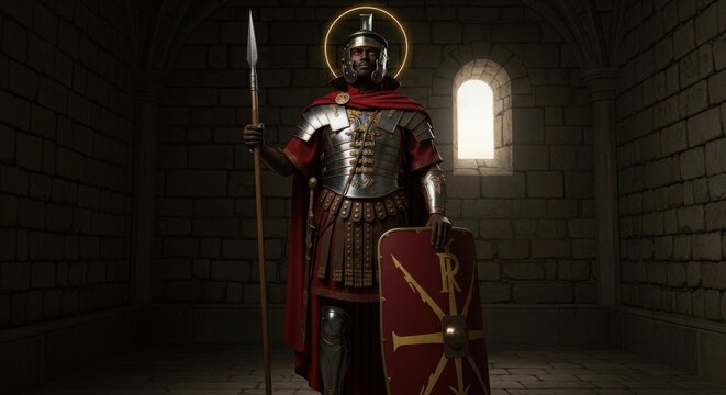 Display Saint Maurice: noble knight, christian martyr, roman legionary, divine soldier, african patron, revered protector, sacred figure, loyal commander, holy warrior, honored saint,