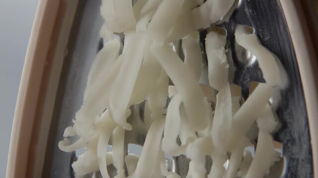 Macro shot of grating a block of fresh mozzarella cheese on a metal grater. Shredded white cheese falls down. Preparing ingredients for pizza, pasta, or lasagna. Italian cuisine