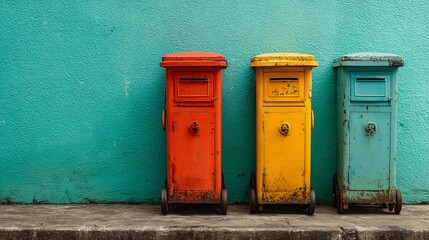 Colorful vintage mailboxes lined against a vibrant teal wall in an urban setting, showcasing modern charm with rustic appeal during daylight hours