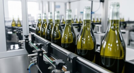 Bottling line with glass wine bottles on conveyor belt in modern factory setting