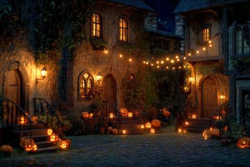 Fototapeta premium cozy halloween village decorated with jack