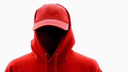 Mysterious figure in a red hoodie and cap stands against a plain white background, creating an intriguing atmosphere of anonymity and curiosity