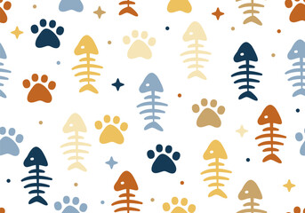 Seamless pattern with fish bone, cat paw. Vector fish salmon repeat scarf isolated cartoon illustration tile background. Cute texture