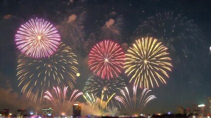 vibrant 4k ultra hd stock video loop of colorful fireworks exploding across dark night sky with copy space perfect festive celebration backgrounds holiday projects party visuals cinematic event design