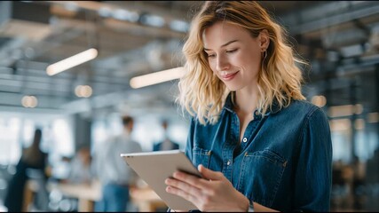 Young businesswoman in a denim shirt looks at her tablet while smiling at her colleagues. - Powered by Adobe