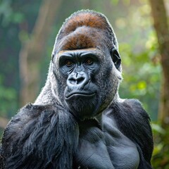 Obraz premium Close-up portrait of a majestic western lowland gorilla, showcasing its powerful physique and intelligent gaze against a blurred background of lush greenery.