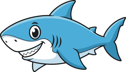 A cheerful cartoon illustration of a great white shark rendered in a pixel art style. The shark is blue and white, smiling, and swimming to the right.