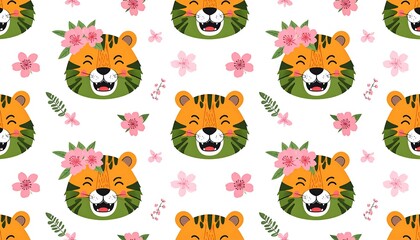 Obraz premium Cute Tiger Face Seamless Pattern with Pink Flowers and Leaves.