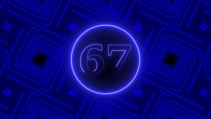 Neon Blue Number 67 in a Circle with a Futuristic Geometric Tunnel Background sixty seven numeral