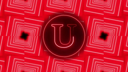 Red Neon Letter U Inside Circular Frame Against Geometric Square Tunnel Background abstract alphabet
