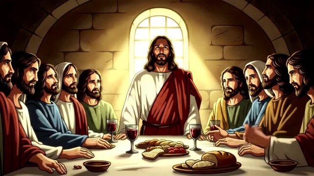 Sacred Last Supper Scene with Jesus Christ and Twelve Holy Apostle Disciples for Christian Passover, Easter Bible Animation