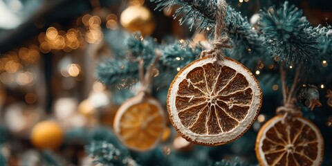 Dried orange slices hanging on a festive tree in a holiday market filled with lights and decorations