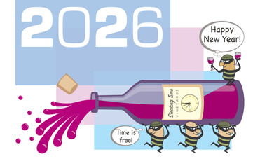 2026 happy new year concept of stealing time by masked cartoon characters carrying celebratory bottle away, celebrating with glass in hand