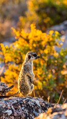 A meerkat stands alert on a rocky outcrop, bathed in the warm golden light of sunrise, its gaze directed towards the surrounding landscape.