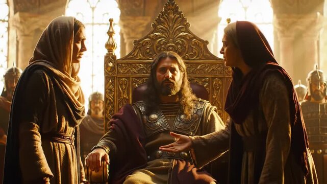 Wise King Solomon Makes Judgment Between Two Mothers Claiming Same Baby Child in Royal Palace Throne Room, Biblical Old Testament Scene