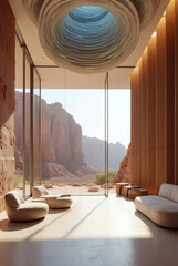 Fototapeta premium Ultra-photorealistic private cliffside mansion atrium featuring full-height frameless glass walls opening to an expansive ocean view.