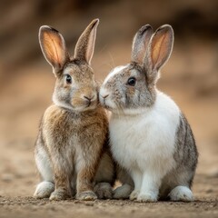 Fototapeta premium Two adorable rabbits sit together, gazing at the camera with soft expressions. Their fur is a mix of brown, gray, and white, showcasing their natural beauty. A testament to nature's delicate design.