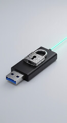 Secure Data Transmission: An illustrative image of a secure data connection, a padlock rests atop a black USB drive, symbolizing safe data transfer and protection against digital threats.