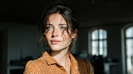 Confident young woman in warm patterned blouse standing in modern indoor space with soft natural light, looking thoughtful and inspired in a stylish creative office environment