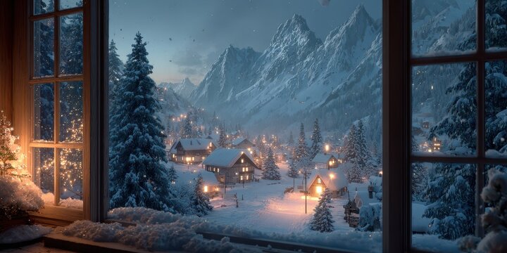 Snowy mountain village under starry sky with warm lights glowing from cozy homes