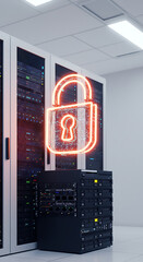 Digital Fortress: The image showcases a modern data center, where rows of servers hum quietly within their racks, an illuminated padlock symbol highlighting the paramount importance of data security.