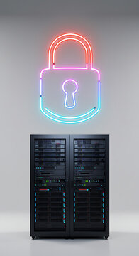 Cybersecurity and Data Protection:  A vibrant neon lock emblem symbolizes secure server protection, showcasing data privacy and digital security in a modern digital landscape.