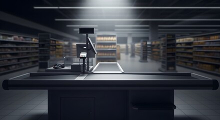 An empty checkout counter in a supermarket aisle, illuminated by a spotlight, with shelves of products blurred in the background.