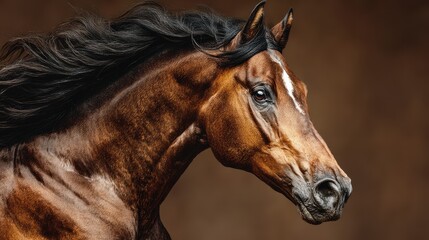 Majestic brown horse displaying its elegance with flowing mane against a warm, soft background