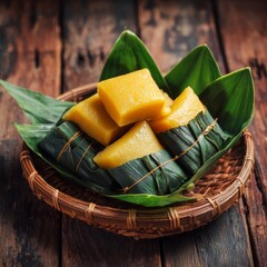 A close-up shot of zongzi, a traditional chinese dish, arranged in a bamboo basket on a wooden surface. The zongzi is wrapped in green bamboo leaves and served with delicious filling.