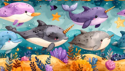 Enchanting watercolor narwhal and dolphin seamless pattern beneath shimmering ocean waves