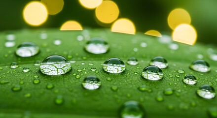 Close Up of Water Droplets on Green Leaf with Blurred Yellow Bokeh Background