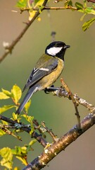Fototapeta premium A Eurasian tit perches elegantly on a branch, its plumage showcasing a striking blend of black, white, and yellow-green hues.