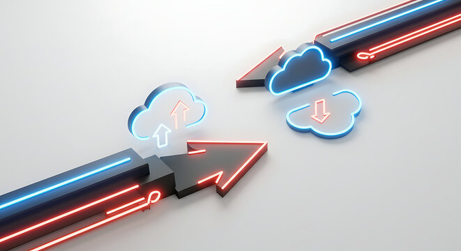 Cloud Connectivity: A vibrant digital illustration showcasing the concept of cloud computing, with arrows indicating data upload and download.