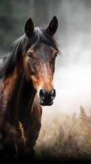 Obraz premium Majestic brown horse standing proudly in a foggy field during the early morning light