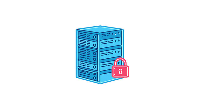 Server Security: A visually striking graphic presents a secure server rack with a prominent lock icon, symbolizing data protection and digital safety.