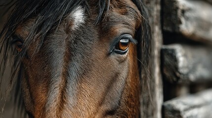 Close-up of a brown horse in a rustic stable during the day with natural light illuminating its detailed features