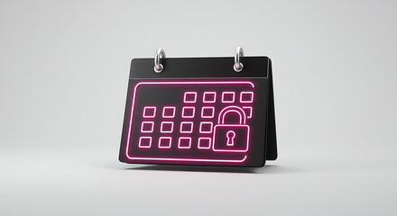 Calendar Security: A sleek calendar design, illuminated by a radiant pink neon glow, features a prominent padlock icon, signifying appointment protection and event safety within the digital realm.