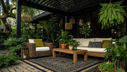 Obraz premium Relaxing environment: a deck decorated with contemporary furniture, plants, and art. Perfect for luxury advertising.